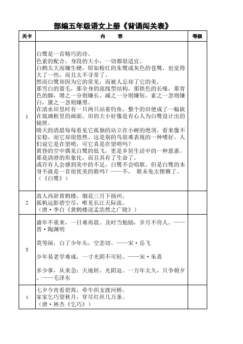 部编版五年级(上)语文背诵表