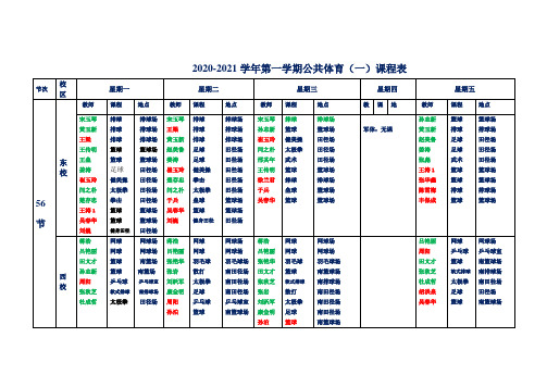 2020-2021学年第一学期公共体育(一)课程表