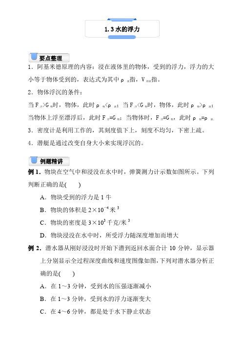 八上科学浮力例题练习及答案