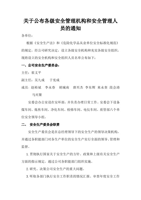 关于公布各级安全组织人员名单的通知