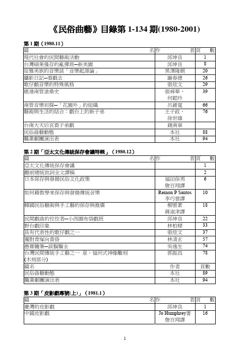 《民俗曲艺》目录第1-134期（1980-2001）