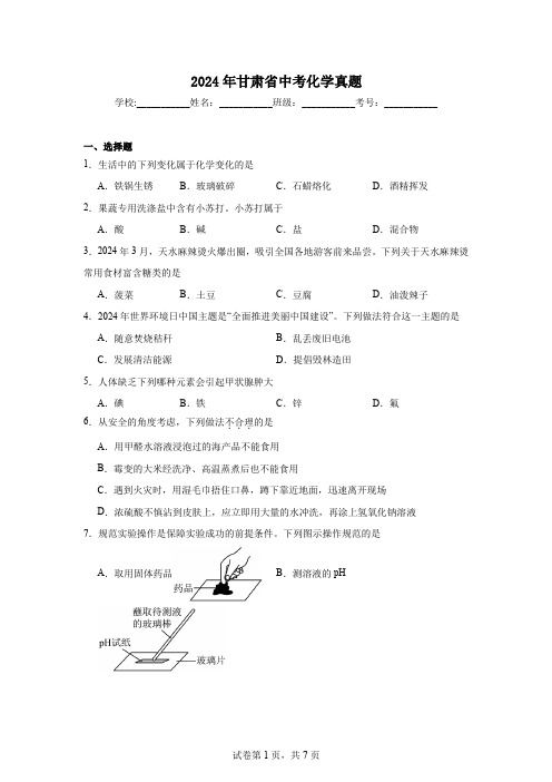 【中考真题】2024年甘肃省中考化学试卷(附答案)