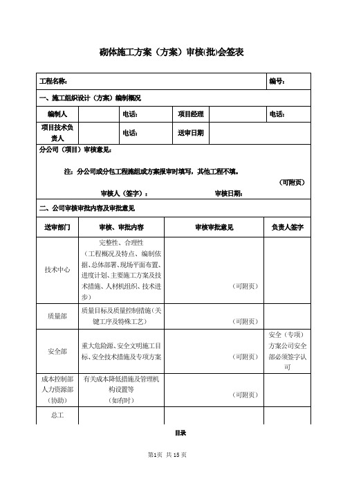 砌体施工方案(方案)审核(批)会签表