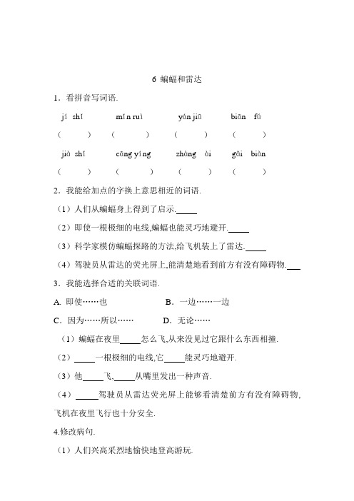 四年级语文上册 一课一练 6 蝙蝠和雷达(含答案)