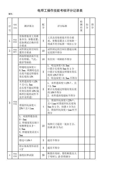 电焊工操作技能考核评分记录表