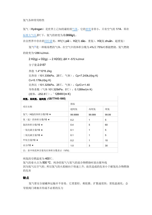 氢气各种常用特性