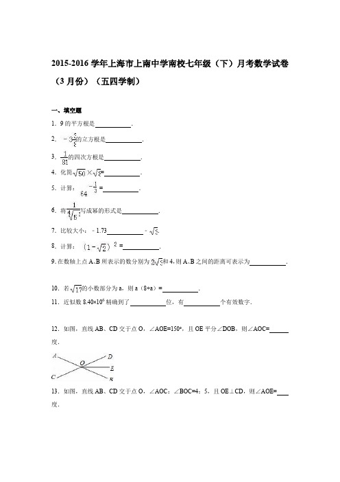 2015-2016学年上海市上南中学南校七年级(下)月考数学试卷(3月份)(五四学制)(解析版)