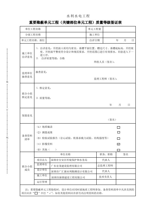 重要隐蔽单元工程(关键部位单元工程)质量等级签证表