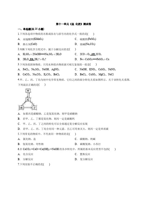 2020年中考化学复习题第十一单元《盐  化肥》考试测试卷