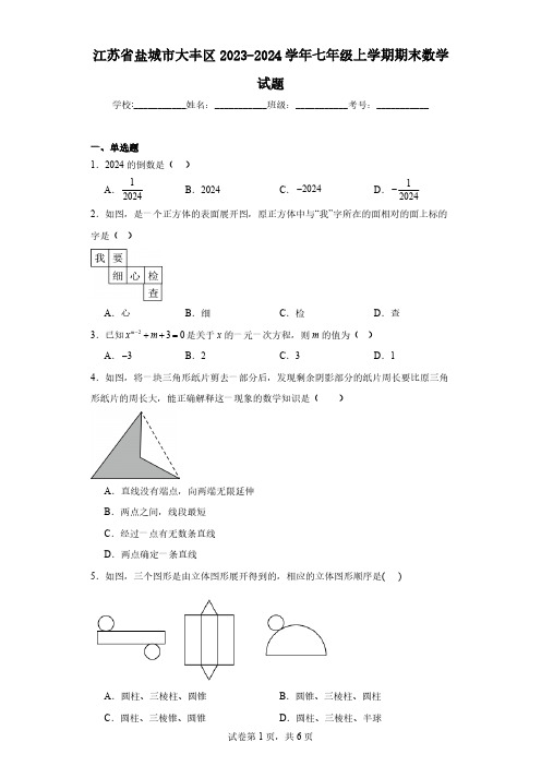 江苏省盐城市大丰区2023-2024学年七年级上学期期末数学试题(含解析)