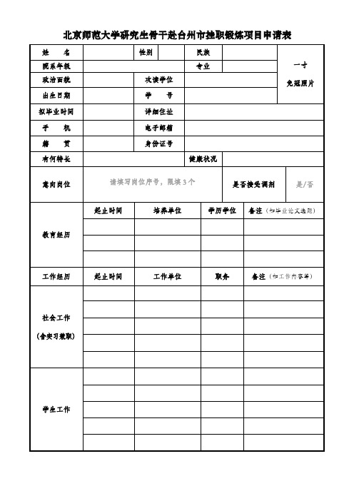 北京师范大学研究生骨干赴台州挂职锻炼项目申请表