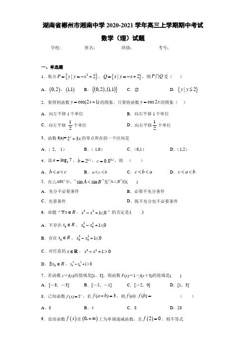 湖南省郴州市湘南中学2020-2021学年高三上学期期中考试数学(理)试题