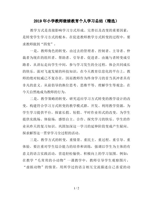 2019年小学教师继续教育个人学习总结(精选)