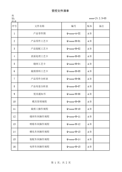 受控文件清单 技术文件