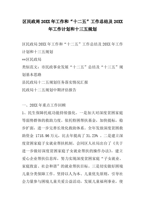 区民政局20XX年工作和“十二五”工作总结及20XX年工作计划和十三五规划