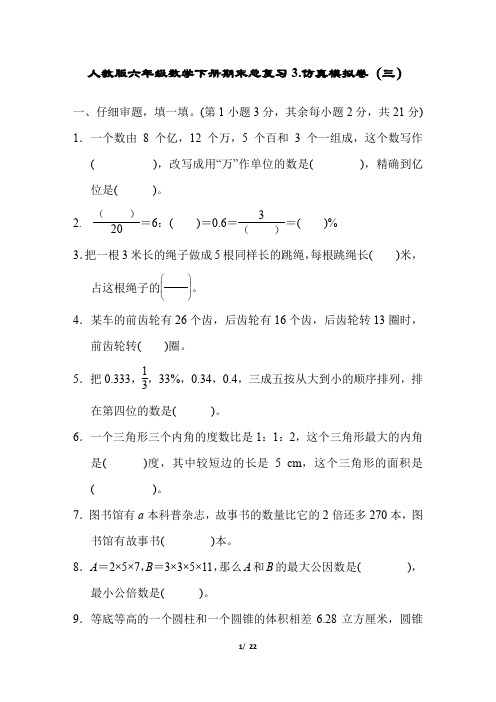 人教版六年级数学下册期末总复习仿真模拟卷(三)附答案