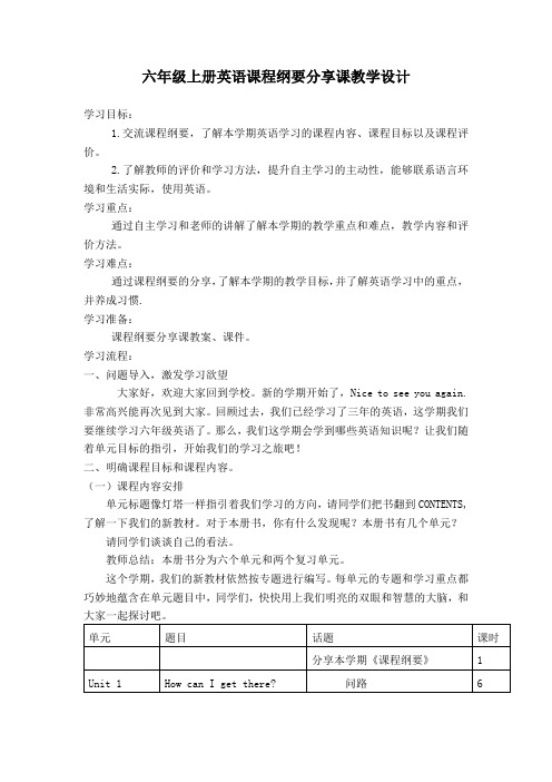 六年级上册英语课程纲要分享课教学设计 3