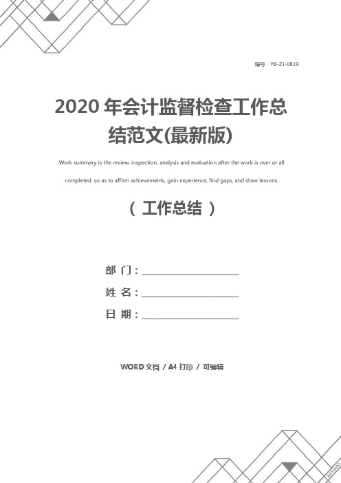 2020年会计监督检查工作总结范文(最新版)