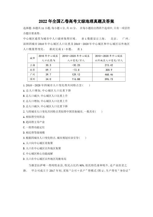 2022年全国乙卷高考文综地理真题及答案