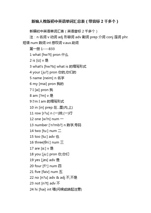 新编人教版初中英语单词汇总表（带音标2千多个）