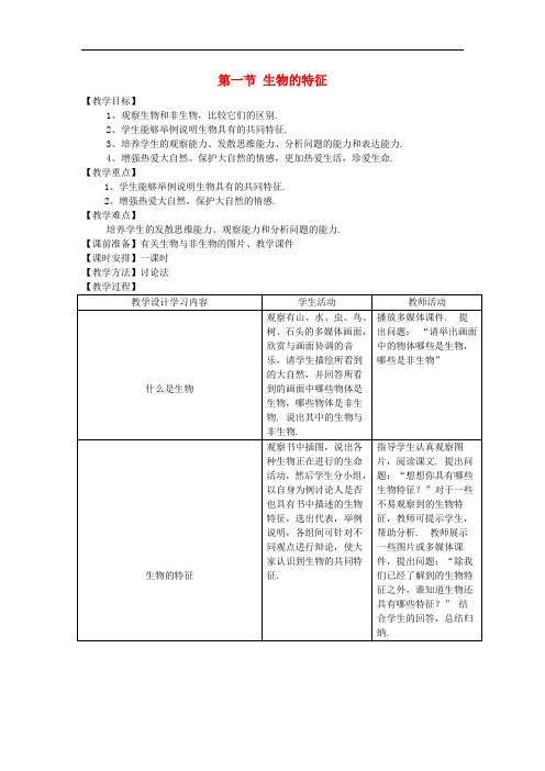 人教版生物七上《生物的特征》同课异构 精品教案 (1)