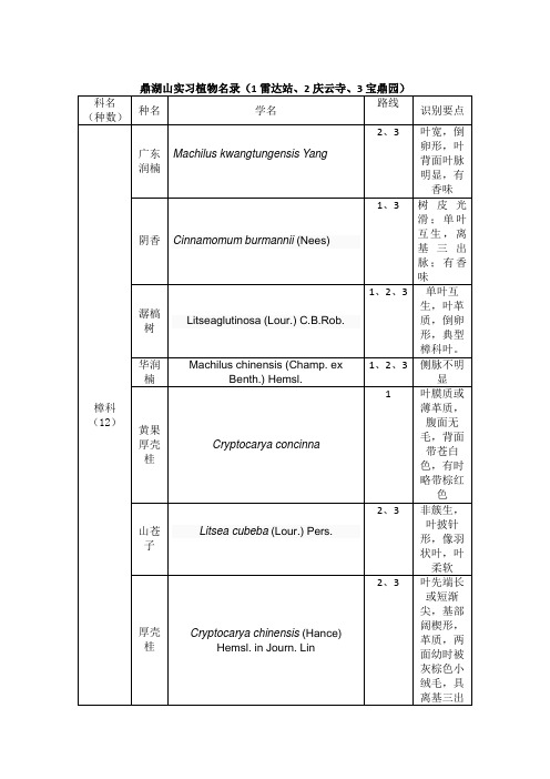 XX科X班X组鼎湖山实习植物路线名录