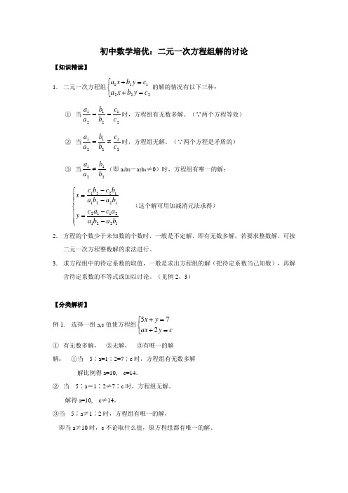 初中数学培优：二元一次方程组解的讨论