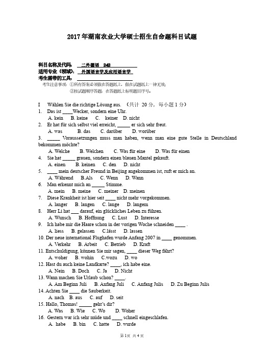 2017年湖南农业大学考研真题242二外德语