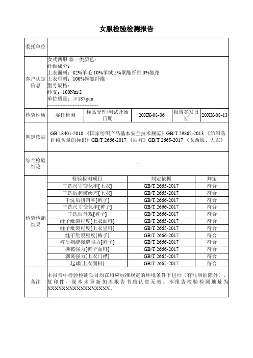 女服检验检测报告