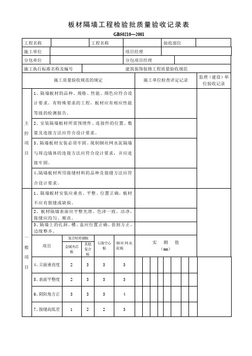 板材隔墙工程检验批质量验收记录