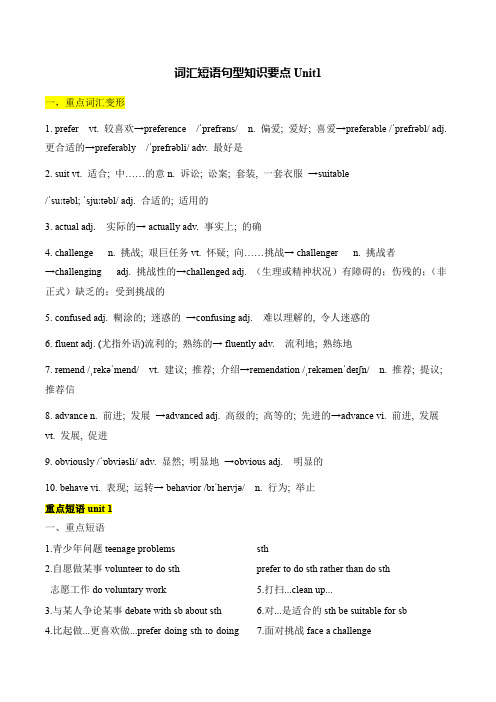 Unit1TeenageLife重点词汇短语句型任务单-高中英语人教版