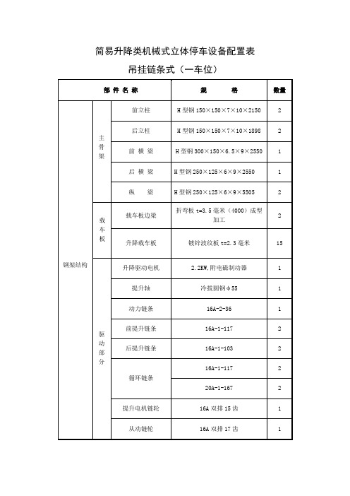 吊挂简易升降类机械式立体停车设备PSHL-2(吊挂)配置表讲解