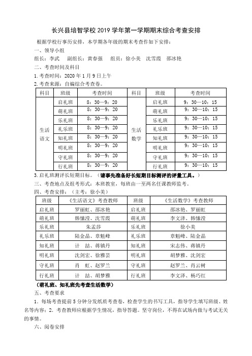 培智学校2019第一学期期末综合考查安排