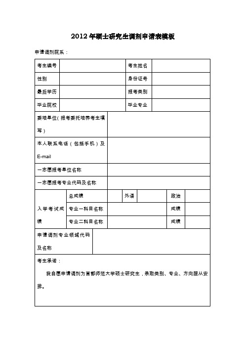 2012年硕士研究生调剂申请表模板与联系导师模板