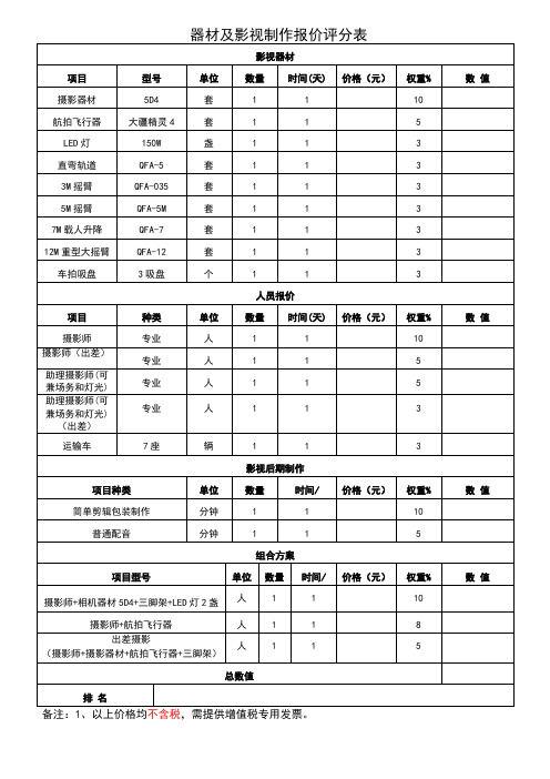 影视设备报价单