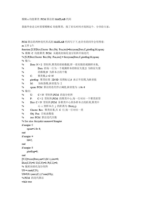 模糊c均值聚类+FCM算法的MATLAB代码