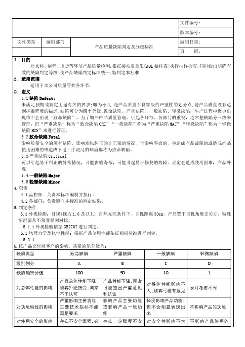 产品质量缺陷判定分级标准