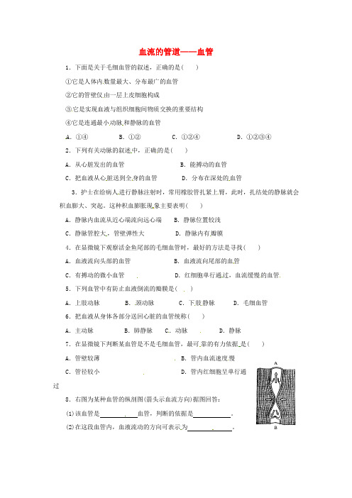 七年级生物下册4.4.2血流的管道——血管同步练习(新版)新人教版