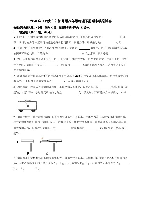 2023年安徽省六安市沪粤版八年级物理下册期末模拟试卷(Word解析版)