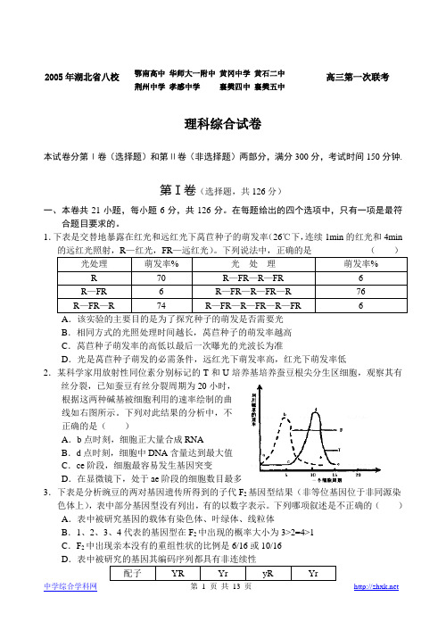 2004--2005学年度湖北省八校高三第一次联考理综试题(含答案)