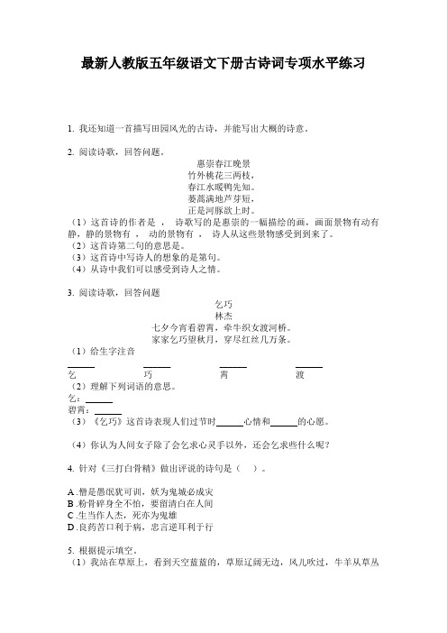 最新人教版五年级语文下册古诗词专项水平练习