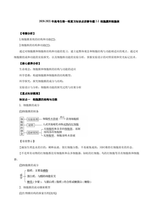 2020-2021年高考生物一轮复习知识点讲解专题2-1 细胞膜和细胞核