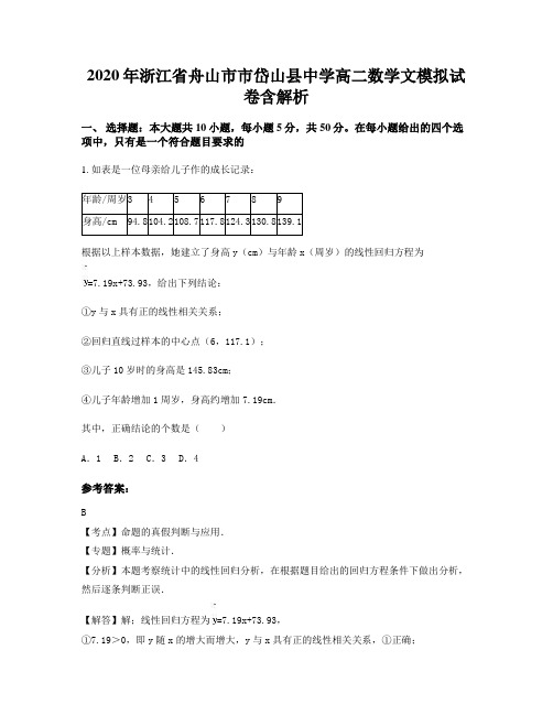 2020年浙江省舟山市市岱山县中学高二数学文模拟试卷含解析