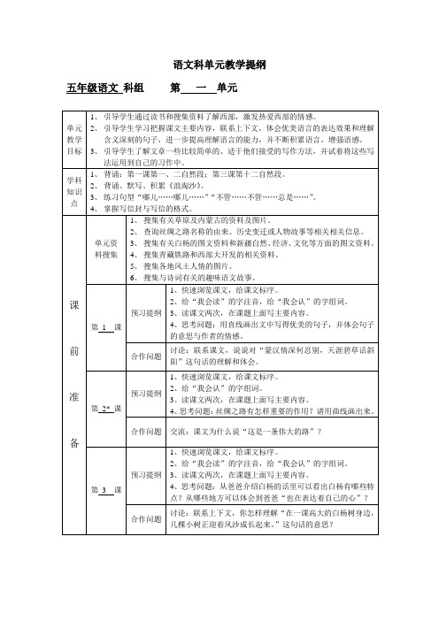 五年级下册语文第一单元教学提纲