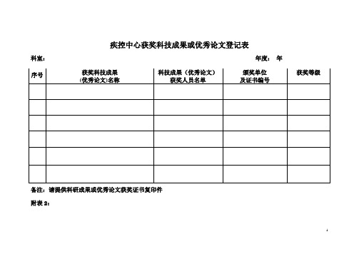 疾控中心获奖科技成果或优秀论文登记表