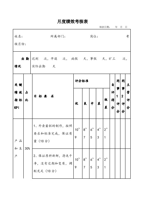 蛋糕烘焙师绩效考核表