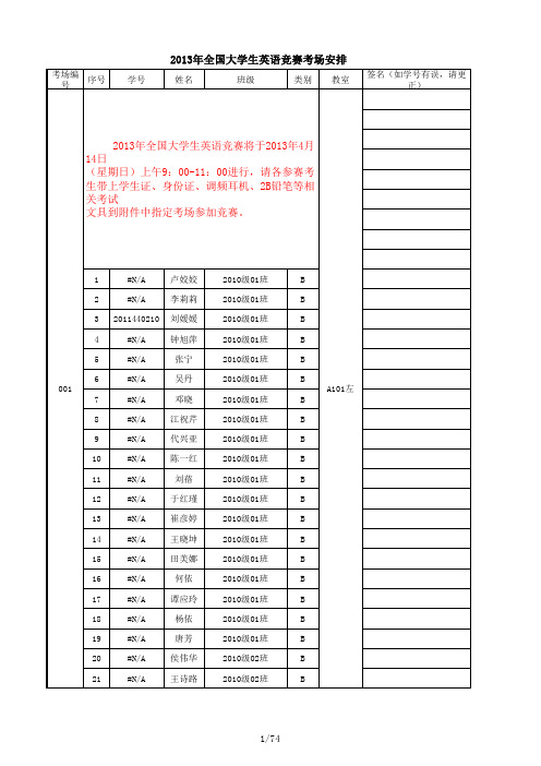 2013年全国大学生英语竞赛考场安排