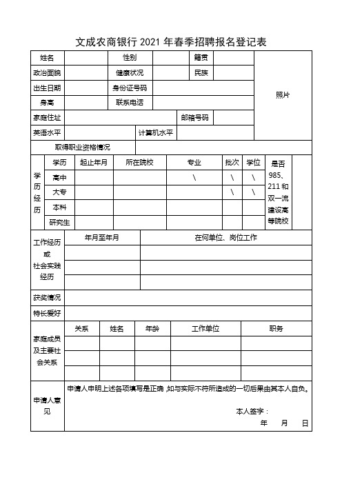 文成农商银行2021年春季招聘报名登记表