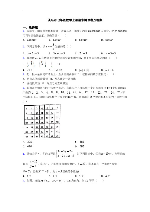 茂名市七年级数学上册期末测试卷及答案