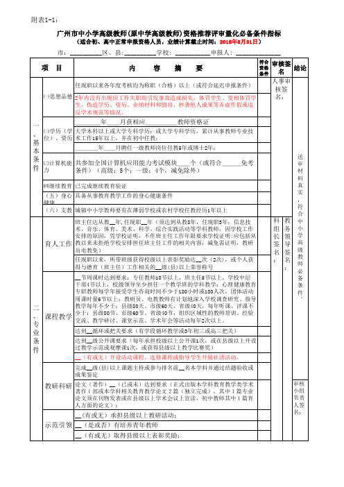 广州市中小学高级教师资格推荐评审量化评价条件指标(中学)